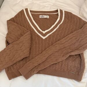 Hollister Tan V-Neck Sweater with White Trim